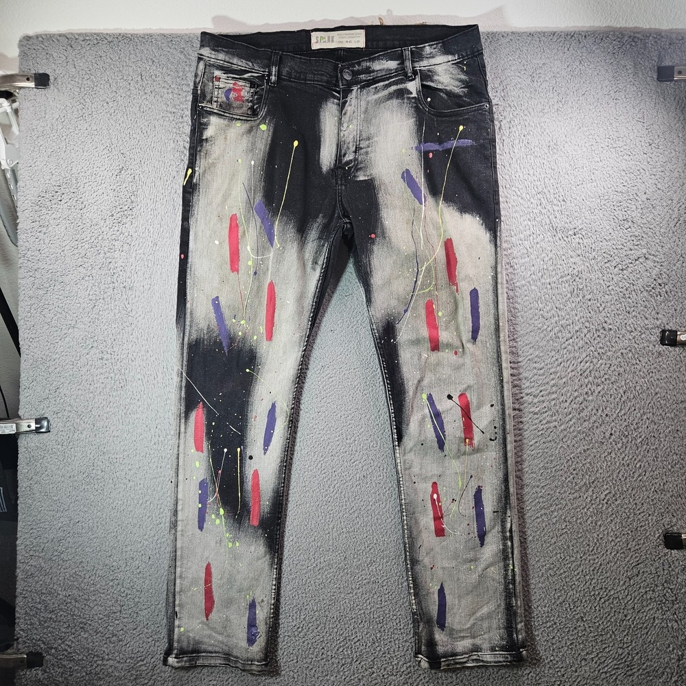 Spark Jeans Men 40 x32 Paint Splatter‎ Straight Stretch Gray Black